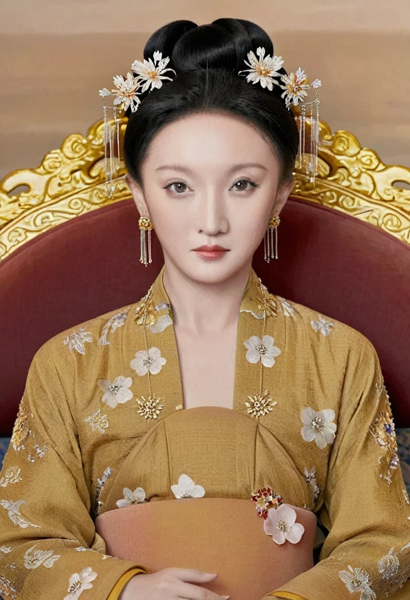 From the pre-Qing period, The Empress sits naked on a large golden sofa in the palace,  Her legs were spread, At the Chinese court during the Qing Dynasty, Empress of the Qing Dynasty, Wearing the great crown of the Chinese Empress, Belly and thighs visible from below.。She is completely naked, Showing off gorgeous large flowers and hairpins, She tied her hair up and pulled it up, 背景はEmpress of the Qing Dynastyの豪華な宮殿.