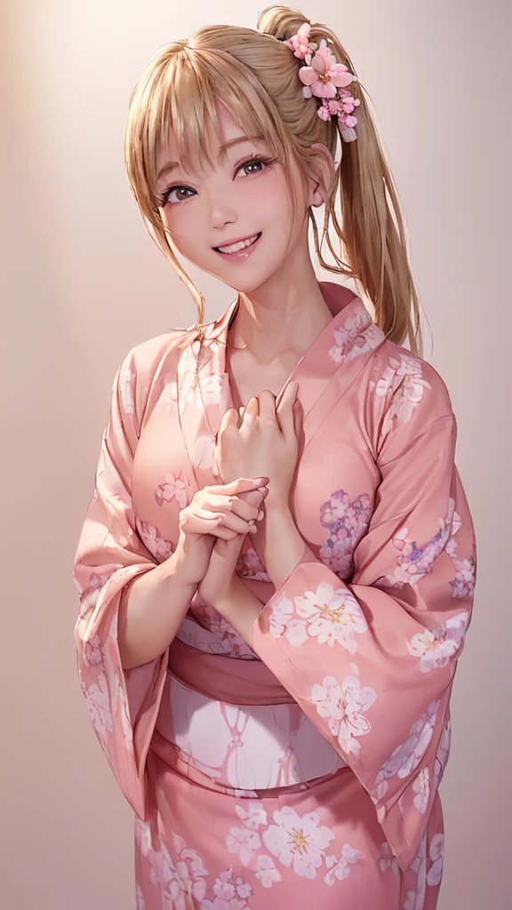 (((Cowboy Shot、Women's Solo Shot、Oil、Pure white wall background、masterpiece、Highest quality、High resolution)))、blonde、Long Hair、(((Side Ponytail)))、(((Floral Yukata)))、(((Pink Yukata)))、Fashionable hairstyles、Pure white wall background、Red cheeks、((No Shadow、Frame In))、((Small breasts))、((smile))、((Happy expression))、(((Raising the right hand)))、((((No background))))、