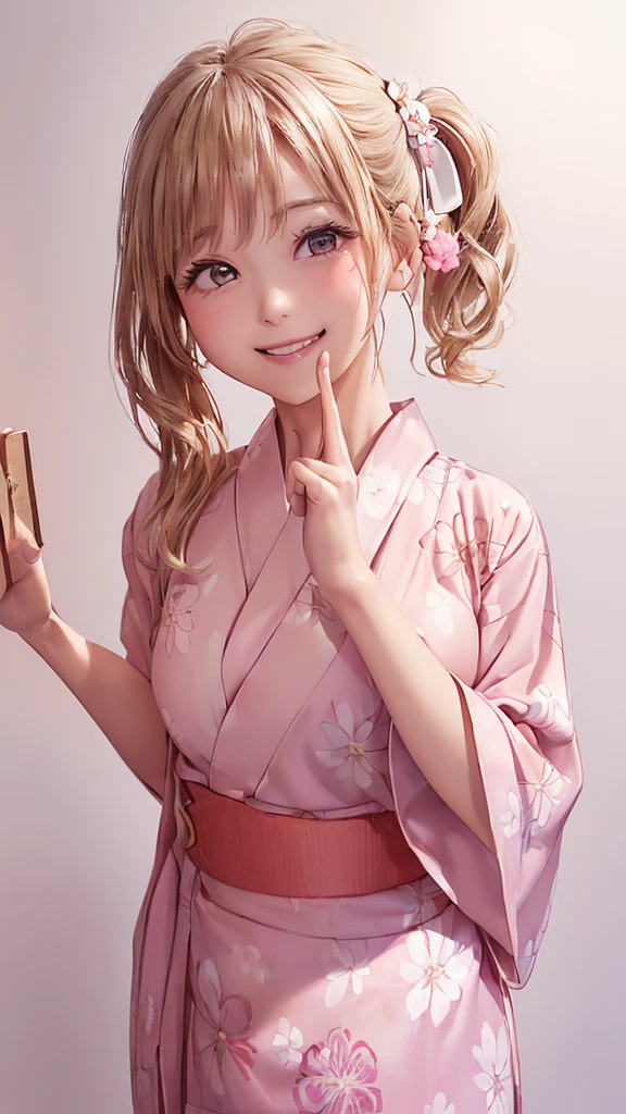 (((Cowboy Shot、Women's Solo Shot、Oil、Pure white wall background、masterpiece、Highest quality、High resolution)))、blonde、Long Hair、(((Side Ponytail)))、(((Floral Yukata)))、(((Pink Yukata)))、Fashionable hairstyles、Pure white wall background、Red cheeks、((No Shadow、Frame In))、((Small breasts))、((smile))、((Happy expression))、(((Raising the right hand)))、((((No background))))、