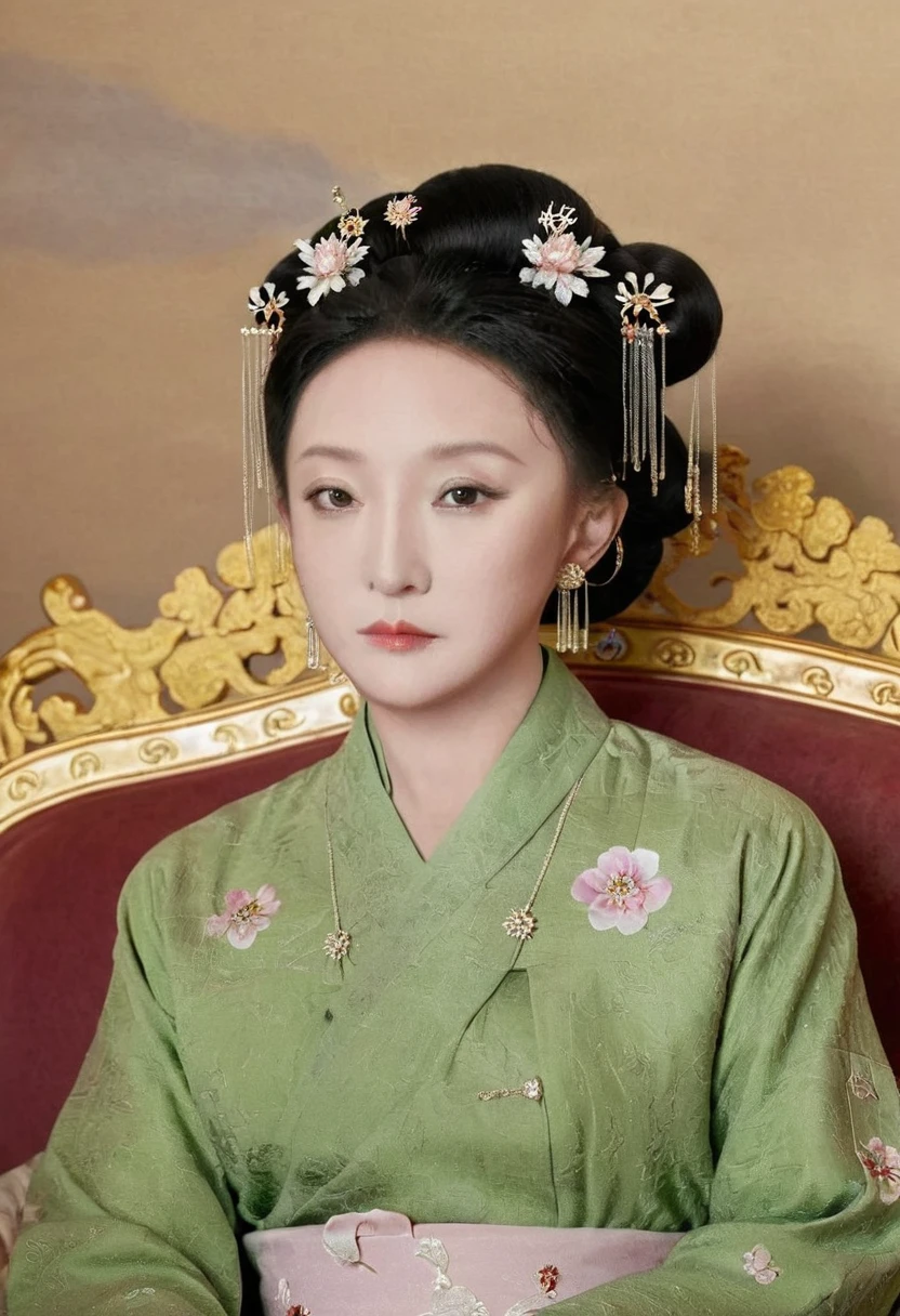 From the pre-Qing period, The Empress sits naked on a large golden sofa in the palace, Her legs were spread, At the Chinese court during the Qing Dynasty, Empress of the Qing Dynasty, Wearing the great crown of the Chinese Empress, Belly and thighs visible from below.。She is completely naked, Showing off gorgeous large flowers and hairpins, She tied her hair up and pulled it up, 背景はEmpress of the Qing Dynastyの豪華な宮殿.