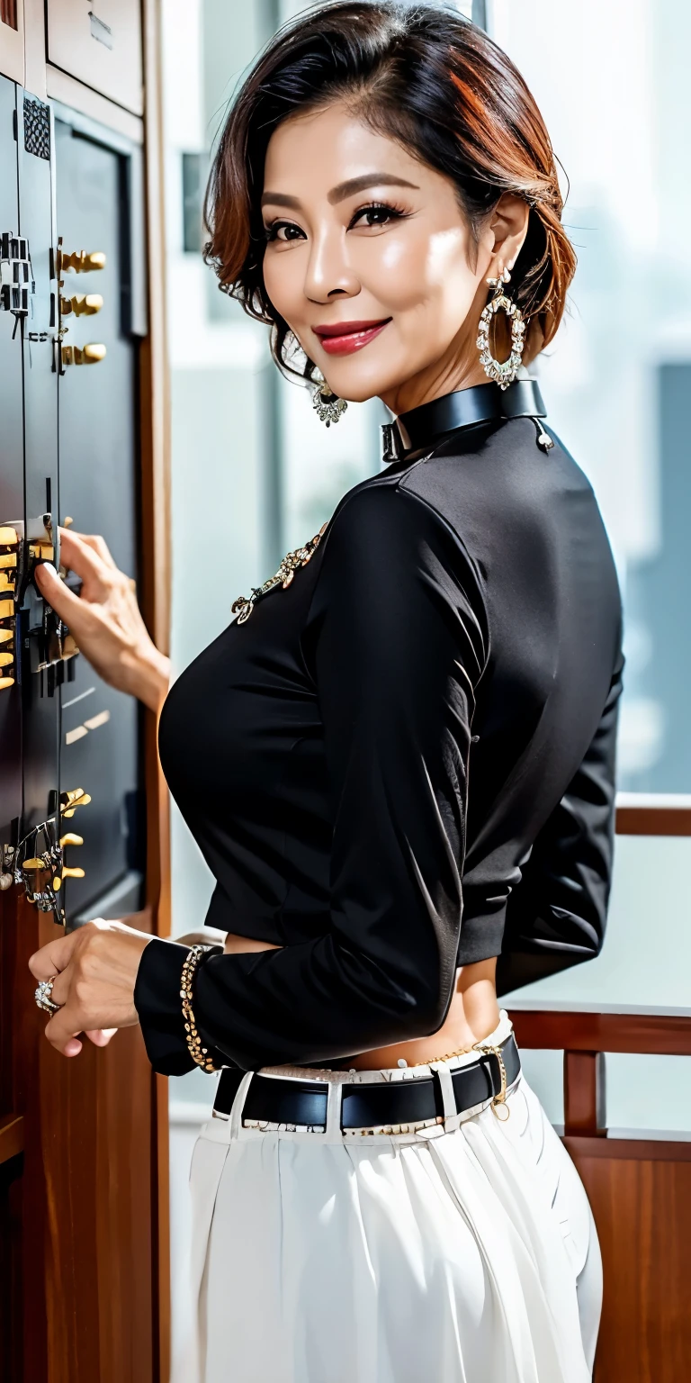75 years old mom milf Korean, Lady large earring Big choker navel piercing decoration A bracelet realisitic Gorgeous Madame Beautiful Mature Woman sexly Smile Gentle woman navel piercing 4K High quality switchboard Control Cabinet Mechanical room