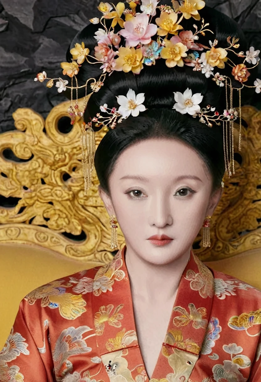 From the pre-Qing period, The Empress sits naked on a large golden sofa in the palace,  Her legs were spread, At the Chinese court during the Qing Dynasty, Empress of the Qing Dynasty, Wearing the great crown of the Chinese Empress, Belly and thighs visible from below.。She is completely naked, Showing off gorgeous large flowers and hairpins, She tied her hair up and pulled it up, 背景はEmpress of the Qing Dynastyの豪華な宮殿.