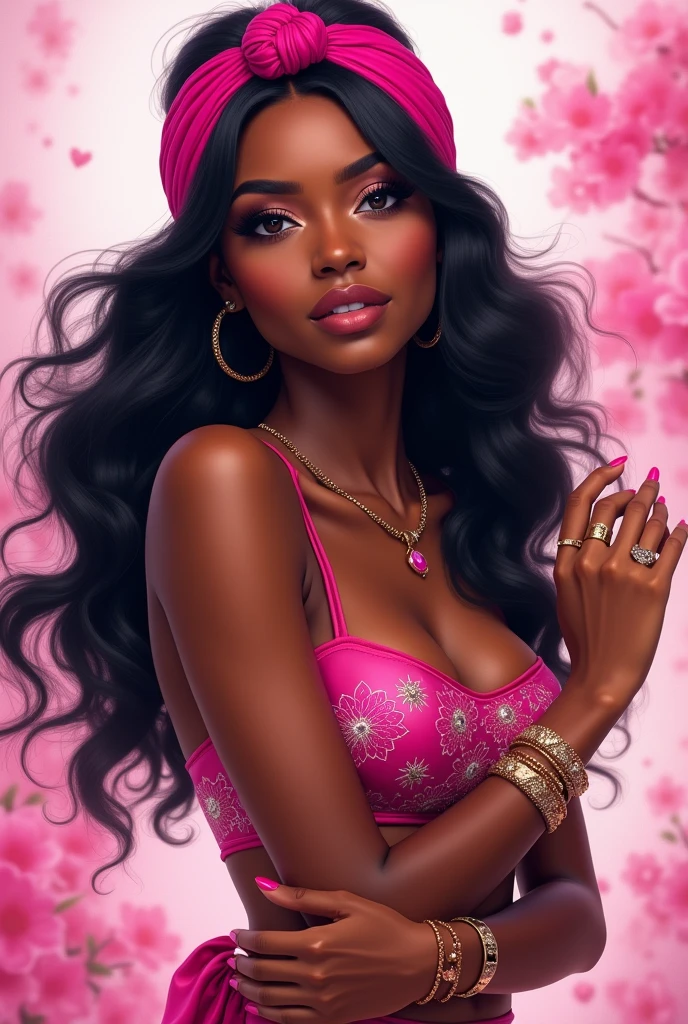 A captivating illustration of a confident, poised young woman with dark skin and flowing black hair. She exudes elegance and sophistication, adorned with a hot pink headband, matching crop top and accessories including bracelets, she looks ready to conquer the day. The background is a harmonious mix of pink and white hues, subtly blurred to highlight the stunning subject. An iconic artist, she poses for the photo showcasing her extraordinary artistic style and talent. This piece of concept art is perfect for a vibrant poster or concept piece that embodies feminine power and grace,Exceptional SLR lighting and shadows accentuate realistic features, while cinematic close-up lighting highlights the intricate details of her elaborate makeup. Shot with Unreal Engine 5 and high-speed photography, DSLR, Nikon D750, cinematic and impressive,