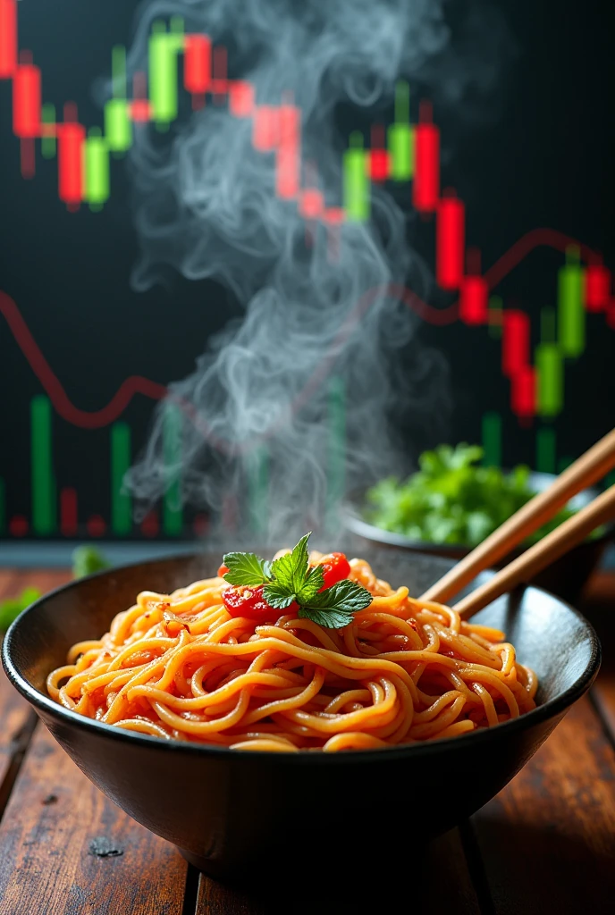 Forex chart trading with three line of moving average line. chart against red and green candlesticks, float out from spicy noddle bowl.