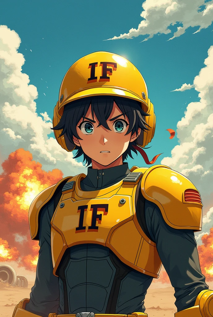 Create a soldier with a yellow helmet, and in the IF letters do it in anime 