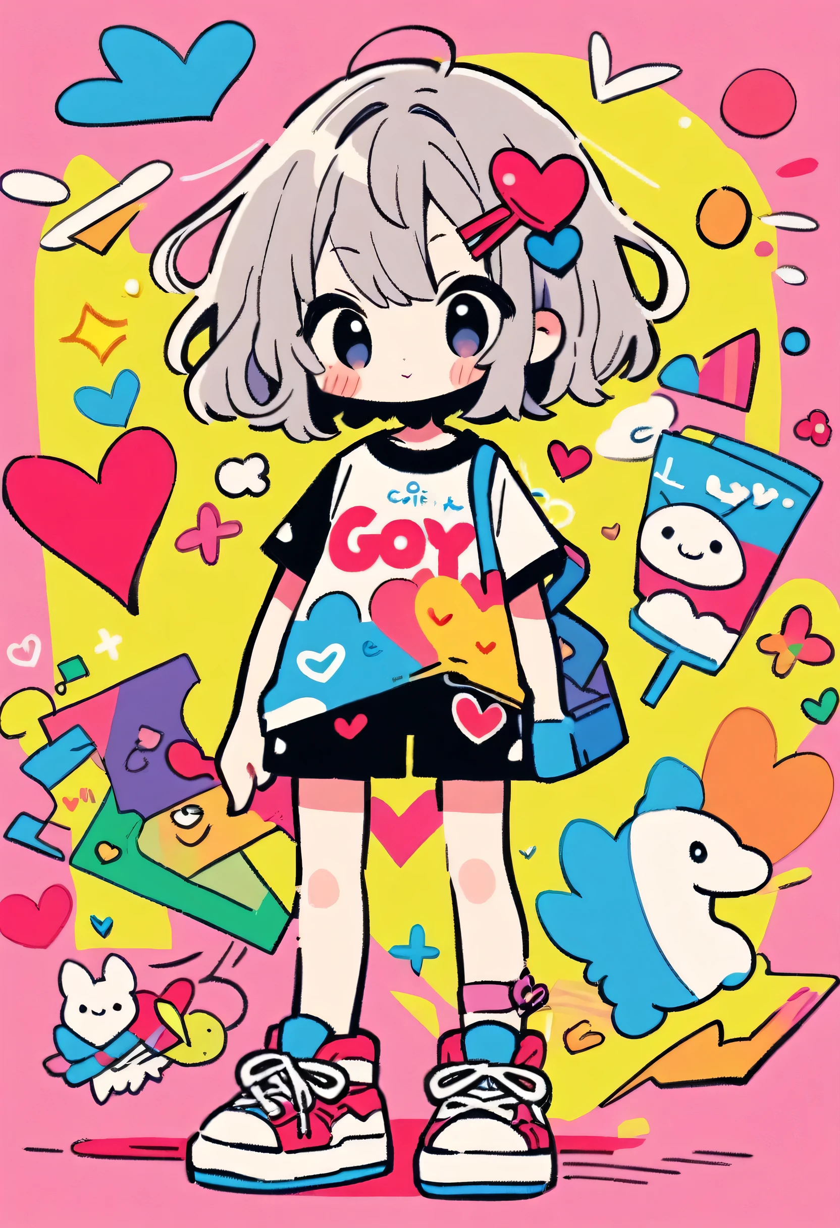 Ultra-realism Hayao Miyazaki style, Simple Line Initialism，Abstract art，(((The most beautiful girl of all time))), chibi, Sweet face. Lips in love, colorful hearts, stylish design, Harajuku fashion in summer, Dark Eyes, Walking, (((Japan))), Colorful graffiti