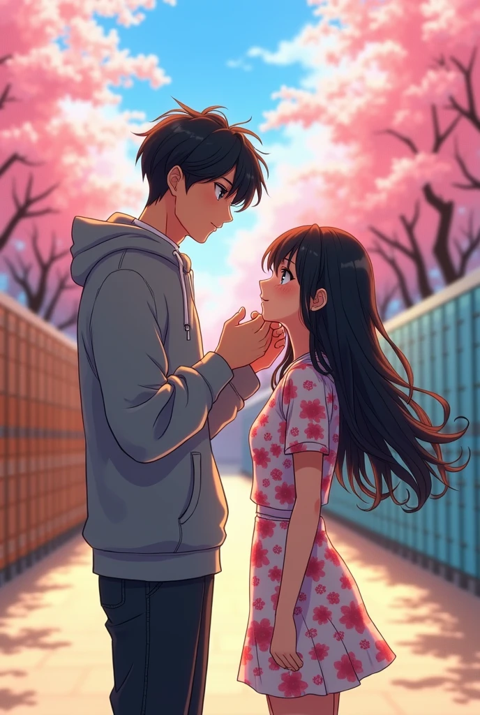 anime style,high school couple , a boy touch the girl hair , boy is a badminton player height:180 white skin thin muscle and tall and Textured bowl cut ,boy waer Hoodie the girl has black curve hair introvert and shine and very cute, girl wear dress