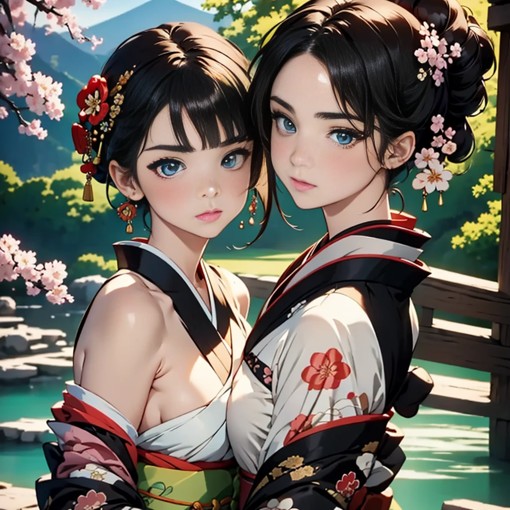 Top quality, masterpiece, high resolution), (full body), vivid colors, brown-black bob, traditional topknot, (highly detailed face and eyes, beautiful face, beautiful eyes, beautiful nose, cute lips), official Art, Ukiyo-e style, (Beautiful woman wearing a kimono), (Kimono with bright floral pattern), Background, River, Bridge, Mountain, Wood, Starry sky, Moon, Detailed CG