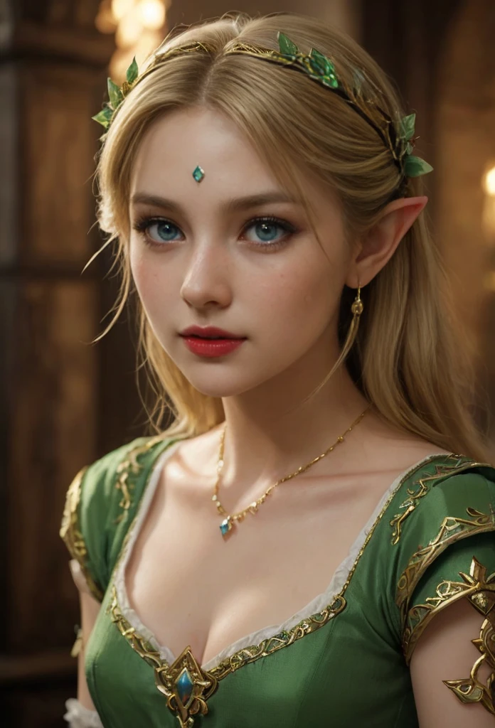Princes Zelda, blue eyes, (best qualityer, ultra detail), (realisitic:1.37), beautiful and detailed face, ultra-realisitic texture, Exquisite face, Delicate body, red lipgloss stick, shiny colors. High definition, 8k,
