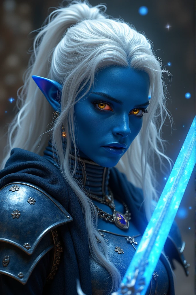 Fantasy Art, dnd art, role-playing art, wide shot drkfntasy, (masterpiece: 1.4) portrait, intense details, Very detailed, photorealistic, Best Quality, High resolution, glowing particle portrait a vedalken female (Fantasy Art, masterpiece, Best Quality: 1.3) (blue skin: 1.5), intense details facial details, exquisite beauty, (Fantasy Art, masterpiece, Best Quality)cleric, (blue skin: 1.5) black skin female, (white hair: 1.3), by the wide, intense golden eye, Fantasy Art, masterpiece, Best Quality) armed with a fire blue sword, using heavy (white: 1.3) half plate chainmail armor CM-Beautiful_armor with high-heeled laced boots, Using a(orange :1.3) Cloak, Wearing a bright sacred symbol. sparkly earrings, inside the fantasy temple background, reflected light, High details, Best Quality, 16k, [ultra detailed], masterpiece, Best Quality, (extremely detailed), close up, ultra wide shot, photorealistic, raw, Fantasy Art, dnd art, Fantasy Art, realistic art,