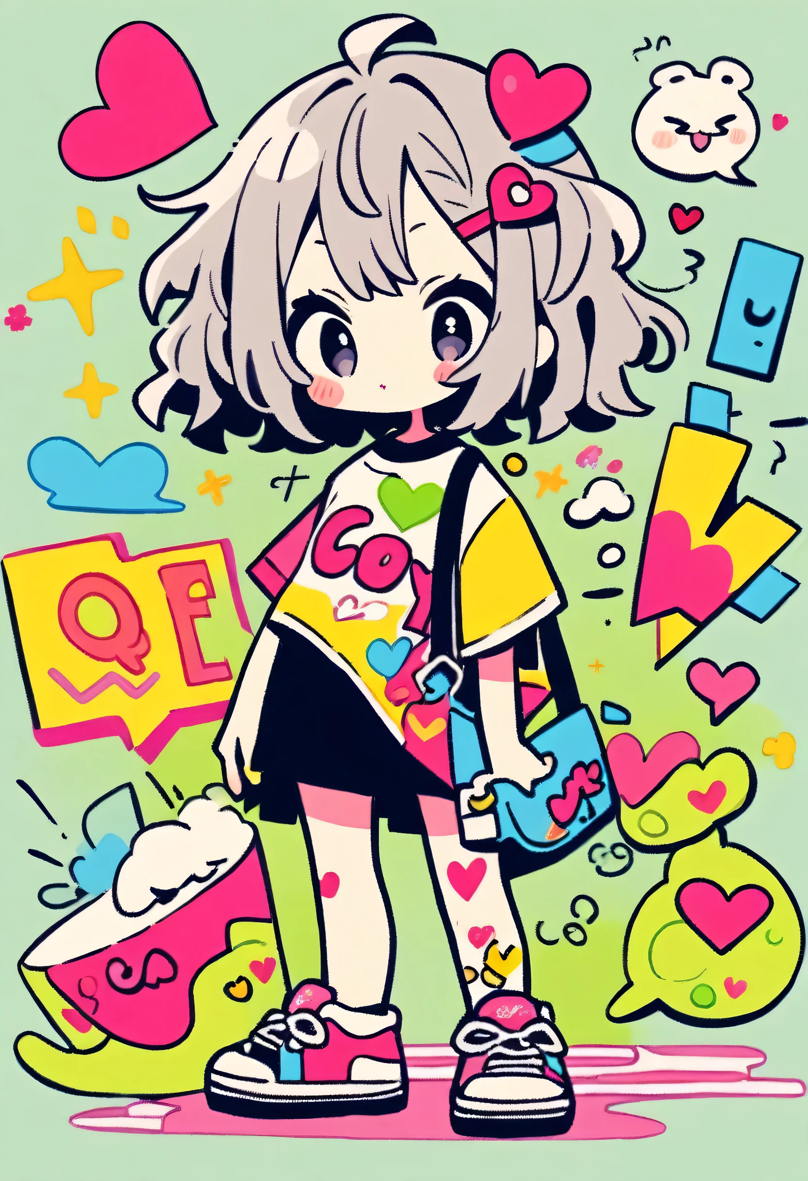 Ultra-realism Hayao Miyazaki style, Simple Line Initialism,Abstract art,(((The most beautiful girl of all time))), chibi, Sweet face. Lips in love, colorful hearts, stylish design, Harajuku fashion in summer, Dark Eyes, Walking, (((Japan))), Colorful graffiti
