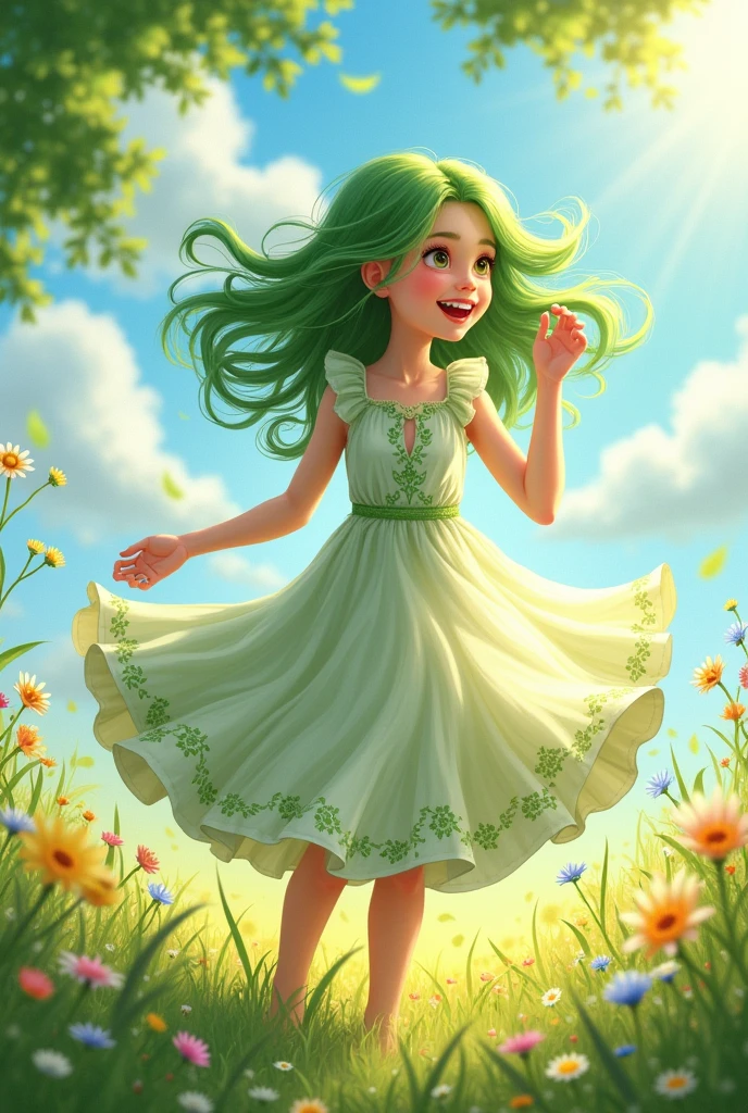 Girl,green hair,green and white dress, wind aura