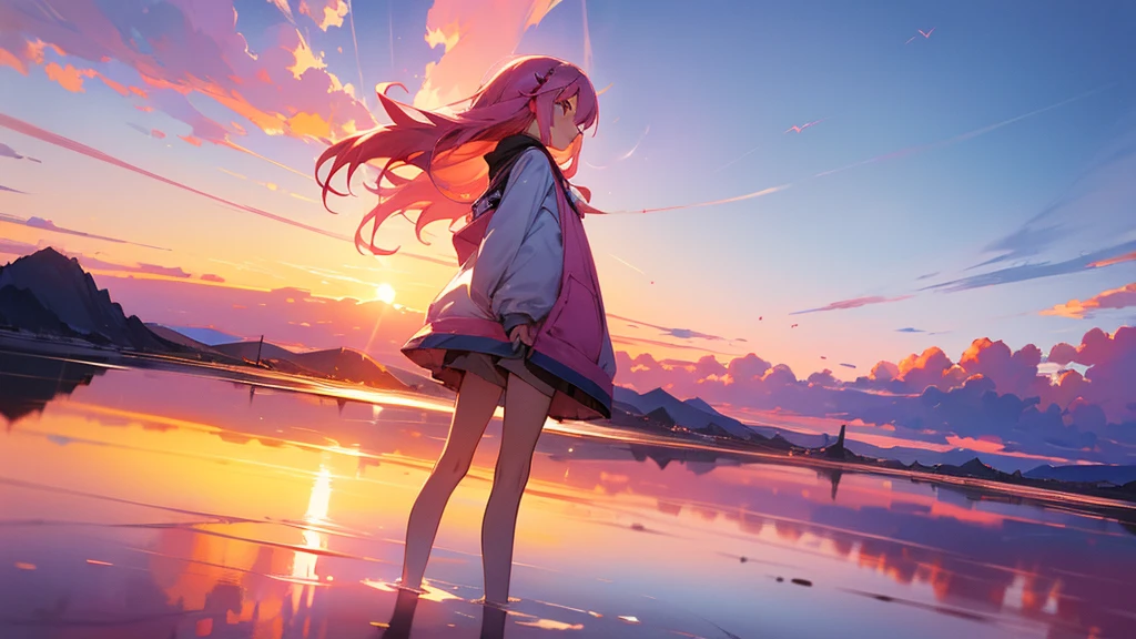 Masterpiece、One Girl、Pink Hair、Long Hair Girl、The girl is standing on the Uyuni Salt Flats.、The sky is sunset、Fluttering clouds