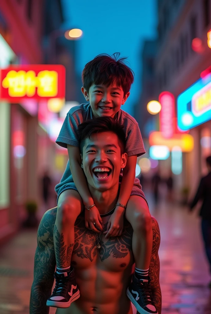 Korean boy, on top of a handsome boy with tattoos,