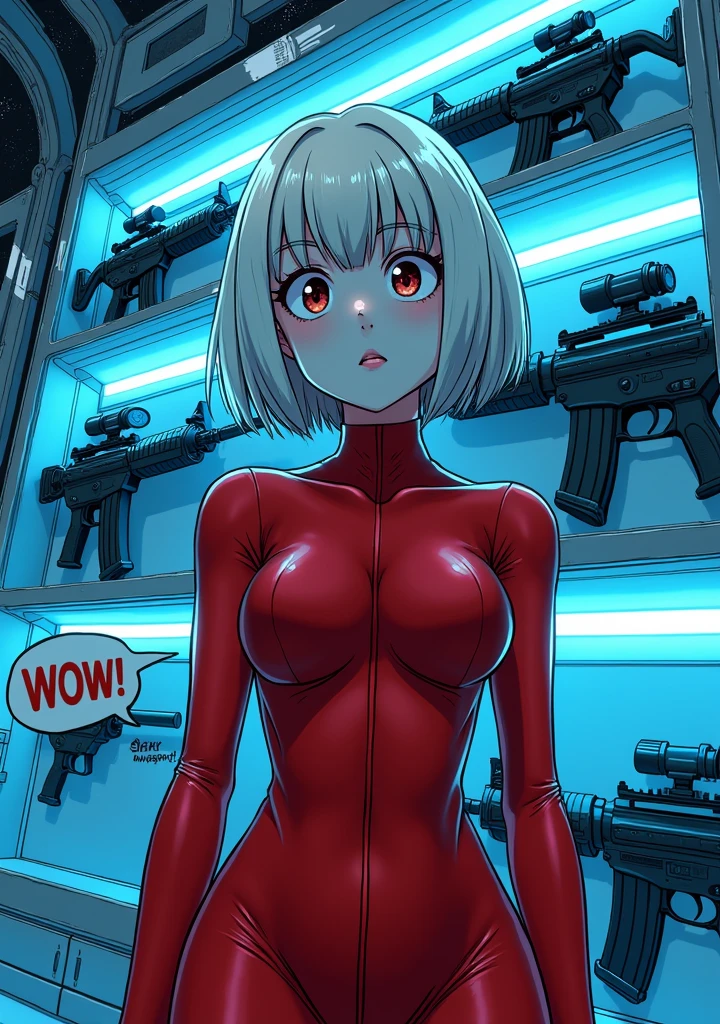 4K black and white image, manga style with light lines and cross-hatching, Close-up of a young woman with short, straight, platinum blonde hair cut into a straight bob with straight bangs that reach her eyebrows, Her eyes They are wide open and her pupils are dilated, while her mouth forms a perfect "O". She wears a tight red latex suit that highlights her curves, (( She is standing in front of a shelf with a futuristic design, illuminated by blue LED lights that dye the environment with a cold, metallic tone, The shelf is filled with laser assault rifles that emit a soft glow, creating an ambient lighting effect)), The environment is the interior of a spaceship, with luminous control panels and windows showing the stars, In the lower right corner, you can read the Japanese onomatopoeia: ¨Wow!" in a speech bubble, Art style: Black and white manga, clear line, JoJo's Bizarre Adventure style, dynamic poses, contrasting shadows, vector art Inspired by the works of Hirohiko Araki