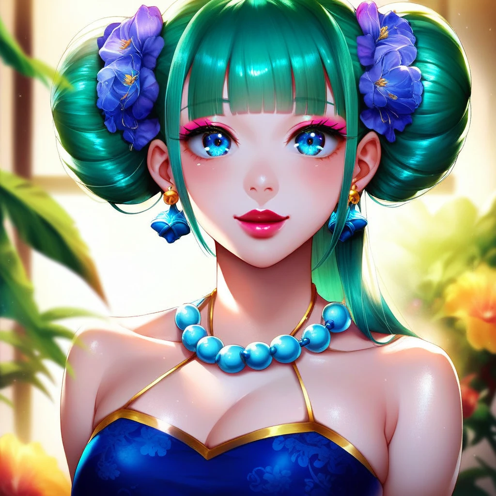 1girl, maomao, solo, green hair, long hair, blue eyes, (fullbody:1.3), BREAK
blunt bangs, collarbone, earrings, hair over shoulder, jewelry, looking at viewer, necklace, sidelocks, bell earrings, flower necklace, double bun hairstyle, half updo, pl-dress, chinese clothes, pink hanfu, makeup, lipstick, pink eyeliner, hair beads, low twintails, BREAK
anime, (high quality, detailed, beautiful), shiny, detailed beautiful eyes, outstanding, countershading, detailed soft lighting