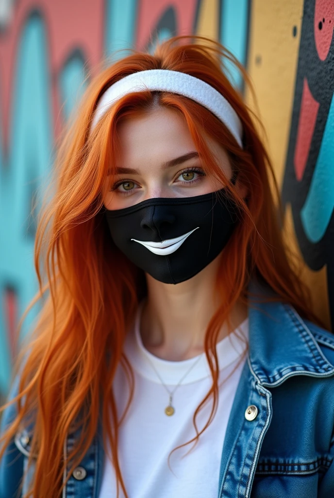 Long messy red hair with white headband. V shaped face and thin nose a mole below the nose, heart shaped lip and cute smile. beautiful brown eyes. Small earrings. She wears Blue jacket and white t shirt. She covered her face with black mouth mask