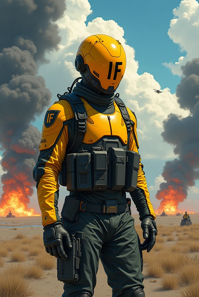 Create a soldier with a yellow helmet, and in the IF letters do it in anime cover their face with a full helmet
