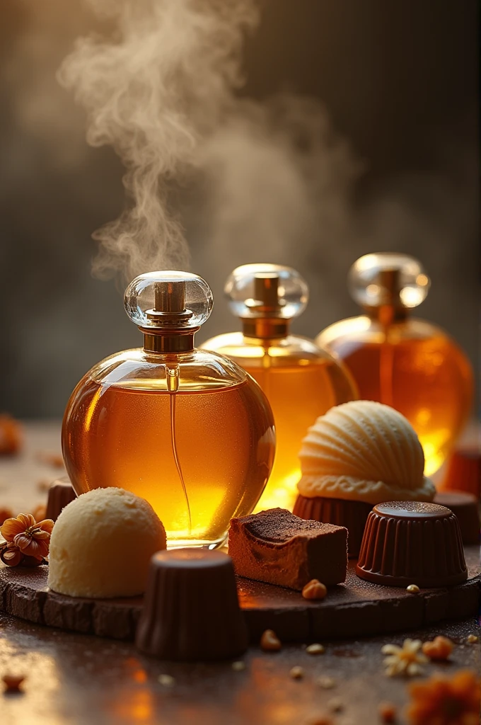 vanillin perfumes bottles and choclates made up of vanillin and a foggy smell background and lightly darkish colour and vanillin icecreams 