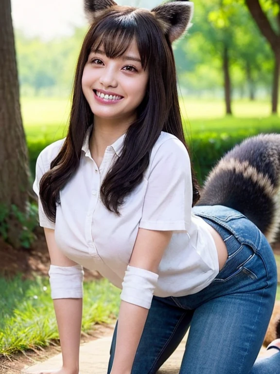 ((Highest quality, 8k)), ((masterpiece)), (Highest Resolution), Perfect Face, Woman with raccoon ears, Female college student, Beautiful woman, Outdoor, Ending, she has thick thighs, Big raccoon tail, She has a brown raccoon tail, She wags her tail, Smiling with teeth showing, Fur collar, She is wearing a shirt and jeans.., Beautiful Hips , A raccoon's tail is sticking out of a panty., Big Breasts, On all fours