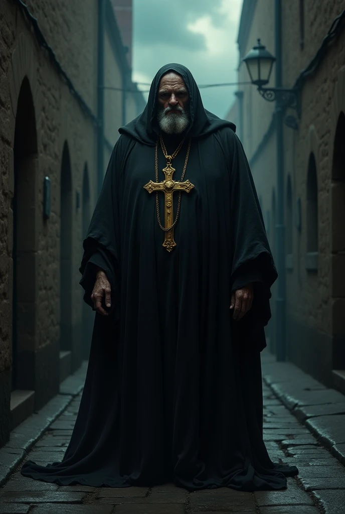 A fat, tall, decrepit old man in full-length black. A bloodstained gold cross on a gold chain hangs around his neck.