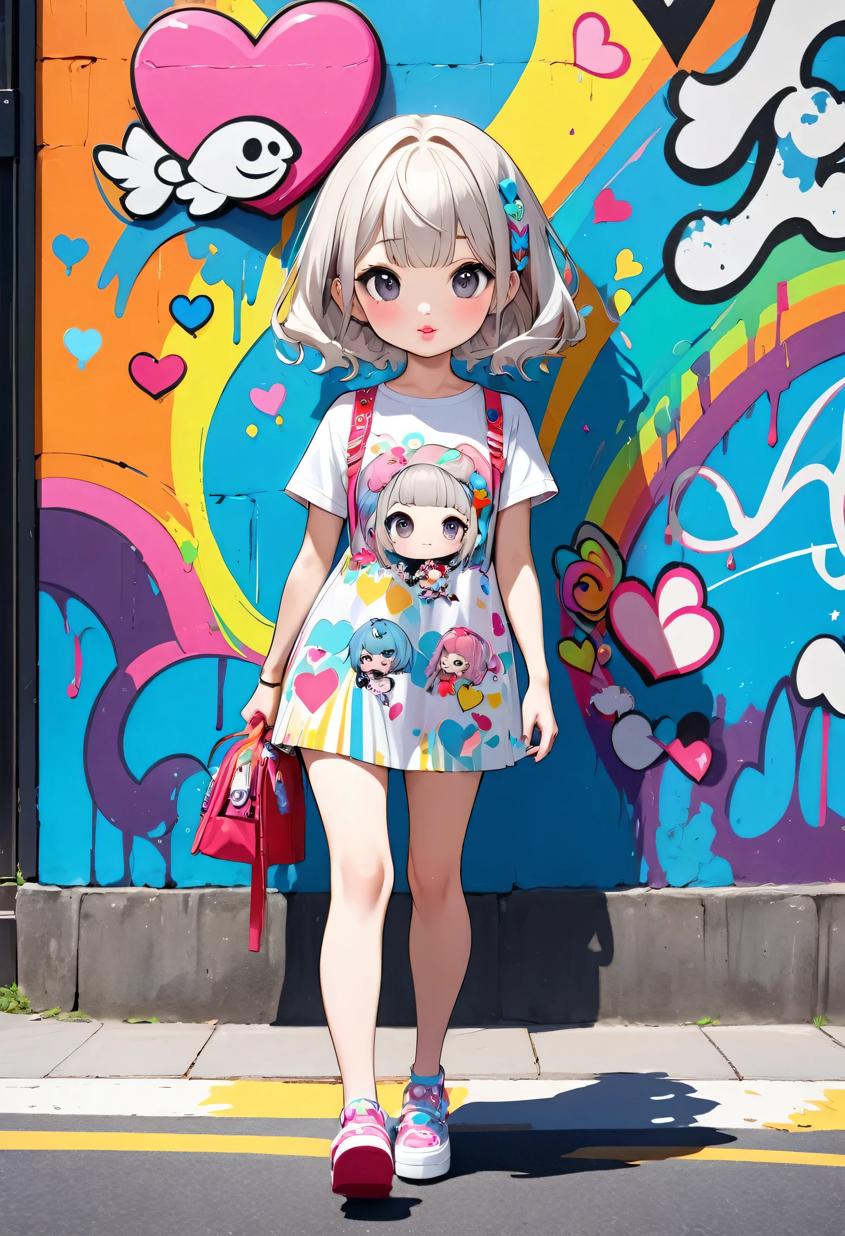Ultra-realism Hayao Miyazaki style, Simple Line Initialism，Abstract art，(((The most beautiful girl of all time))), chibi, Sweet face. Lips in love, colorful hearts, stylish design, Harajuku fashion in summer, Dark Eyes, Walking, (((Japan))), Colorful graffiti