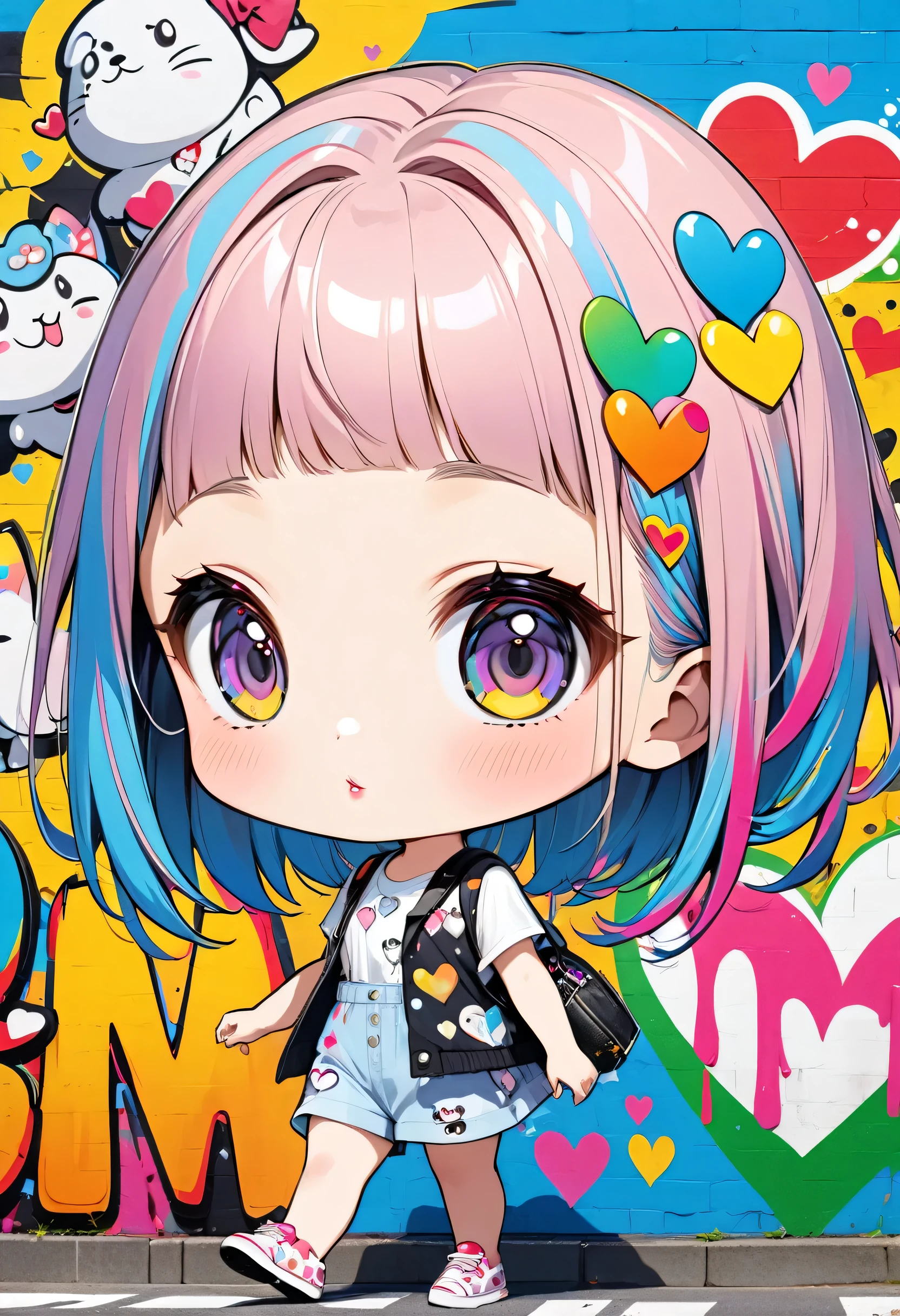 Ultra-realism Hayao Miyazaki style, Simple Line Initialism,Abstract art,(((The most beautiful girl of all time))), chibi, Sweet face. Lips in love, colorful hearts, stylish design, Harajuku fashion in summer, Dark Eyes, Walking, (((Japan))), Colorful graffiti