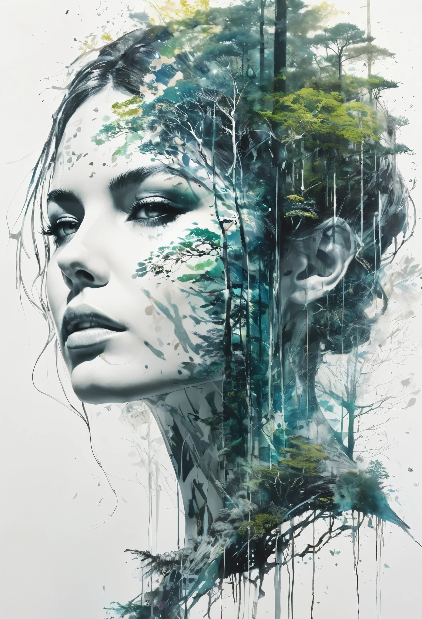 Double exposure, solid white background, mysterious silhouette of a forest woman, by Minjae Lee, Carne Griffiths, Emily Kell, Geoffroy Thoorens, Aaron Horkey, Jordan Grimmer, Greg Rutkowski, incredible depth, Masterpiece artwork, surreal, geometric patterns, intrincately detailed, bokeh, perfect balanced, thin, deep edges, artistic photorealism , Soft, great Masterpiece artwork by head of prompt engineering