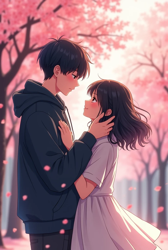 anime style,high school couple , a boy touch the girl hair , boy is a badminton player height:180 white skin thin muscle and tall and Textured bowl cut ,boy waer Hoodie the girl has black  curve hair introvert and shine and very cute,  girl wear white dress



