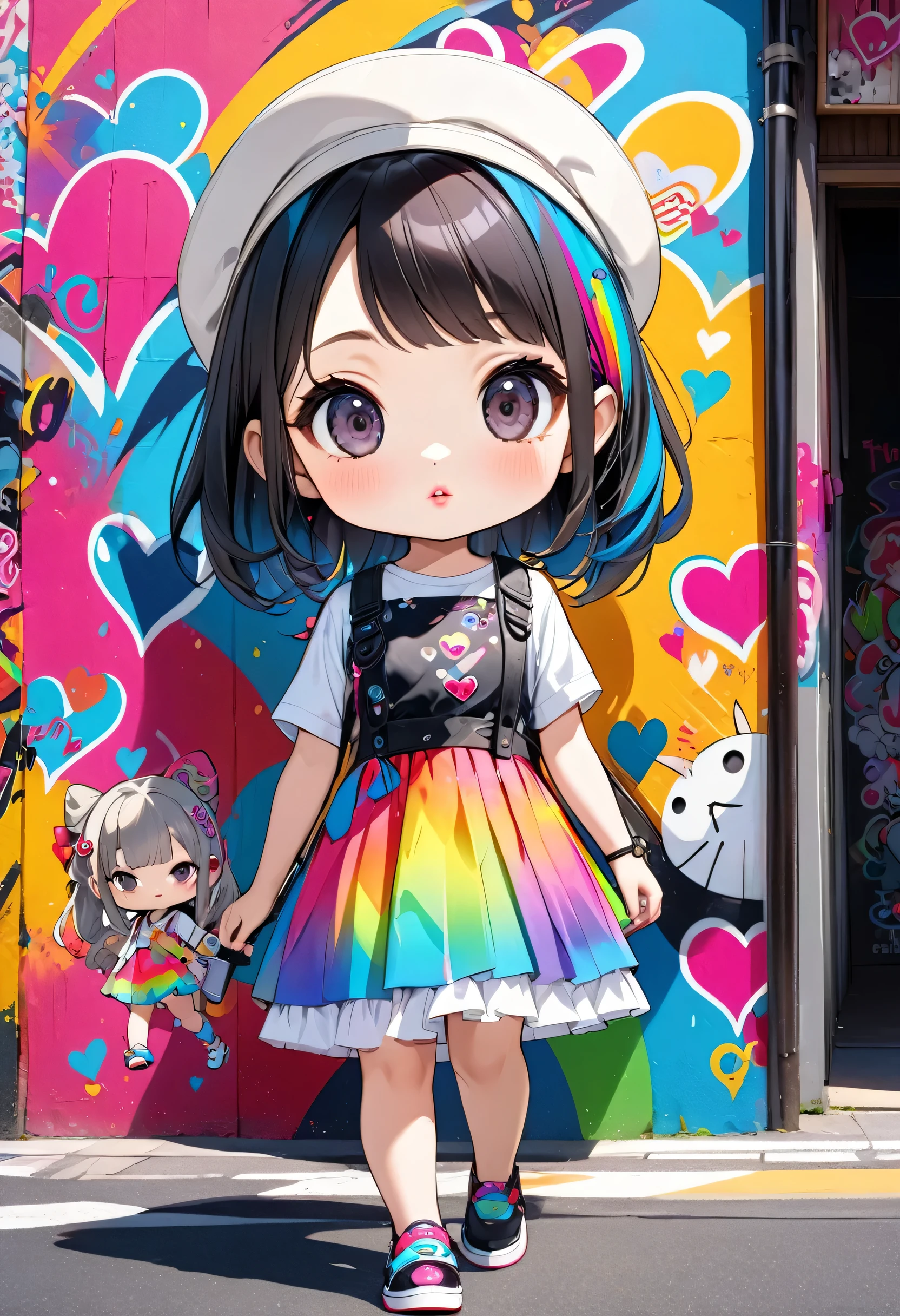 Ultra-realism Hayao Miyazaki style, Simple Line Initialism，Abstract art，(((The most beautiful girl of all time))), chibi, Sweet face. Lips in love, colorful hearts, stylish design, Harajuku fashion in summer, Dark Eyes, Walking, (((Japan))), Colorful graffiti