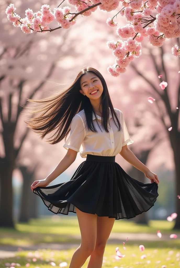 beautiful asian girl long hair wearing black skater skirt spinning