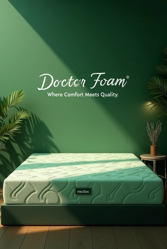 Product Name:Doctor Foam.A Project Of Green Insulation Private Limited "), a modern and innovative mattress design, showcasing eco-friendly materials, sleek and professional presentation, vivid green tones representing sustainability, a cozy ambiance conveying comfort, ultra-detailed textures highlighting quality craftsmanship, HD imagery emphasizing product features, creating a harmonious and tranquil setting ideal for restful sleep.
And A Slogan “Where Comfort Meets Quality” Mentioned on top of mattress