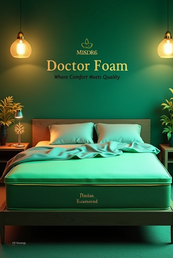 Product Name:Doctor Foam.A Project Of Green Insulation Private Limited "), a modern and innovative mattress design, showcasing eco-friendly materials, sleek and professional presentation, vivid green tones representing sustainability, a cozy ambiance conveying comfort, ultra-detailed textures highlighting quality craftsmanship, HD imagery emphasizing product features, creating a harmonious and tranquil setting ideal for restful sleep.
And A Slogan “Where Comfort Meets Quality” Mentioned on top of mattress