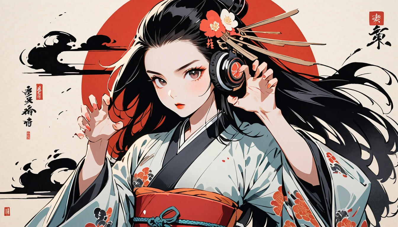 Ink Painting, (((1 person))), (((claw pose))), (((Refers to 5 books))), Japanese style headphones, Japanese sword, beautiful girl, Black Hair, Delicate and precise, Modern ukiyo-e style, Female Samurai