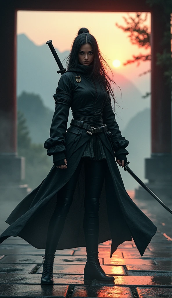 A captivating noir-style illustration of a female ninja warrior warrior, reminiscent of a female manga character by Taite Kubo. She exudes confidence and arrogance with her dagger, she points her dagger towards the camera in an intimidating manner, ready for action. The realistic shading highlights her curves, elongating her legs and accentuating her hourglass figure. Against the backdrop of mist and a dimly lit entrance to a Japanese temple, the rising sun casts a warm, inviting glow over the damp landscape. The blurred mountain landscape adds depth, while the backlight creates a dramatic atmosphere of intrigue and danger. The SLR's exceptional lighting and shadows accentuate the realistic features, while the cinematic close-up lighting highlights the intricate details of her elaborate makeup. Shot with Unreal Engine 5 and high-speed photography, DSLR, Nikon D750, cinematic and impressive,