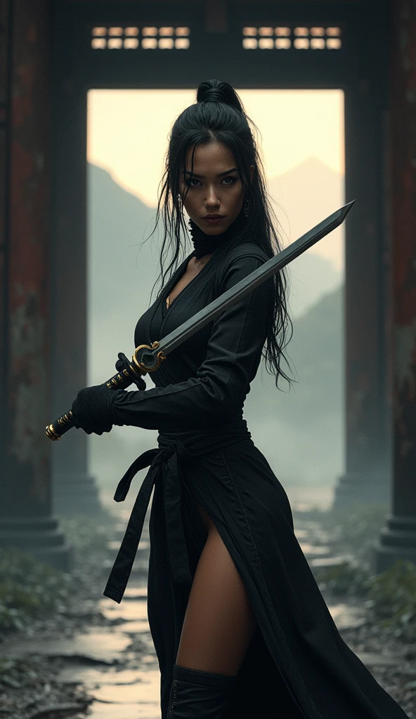 A captivating noir-style illustration of a female ninja warrior warrior, reminiscent of a female manga character by Taite Kubo. She exudes confidence and arrogance with her dagger, she points her dagger towards the camera in an intimidating manner, ready for action. The realistic shading highlights her curves, elongating her legs and accentuating her hourglass figure. Against the backdrop of mist and a dimly lit entrance to a Japanese temple, the rising sun casts a warm, inviting glow over the damp landscape. The blurred mountain landscape adds depth, while the backlight creates a dramatic atmosphere of intrigue and danger. The SLR's exceptional lighting and shadows accentuate the realistic features, while the cinematic close-up lighting highlights the intricate details of her elaborate makeup. Shot with Unreal Engine 5 and high-speed photography, DSLR, Nikon D750, cinematic and impressive,