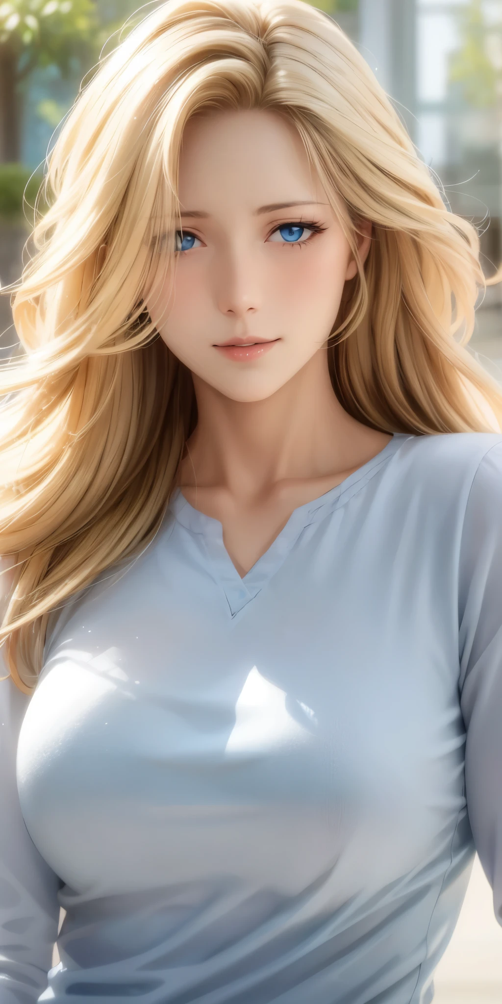 Elegant mature female, blue eyes, blonde hair, soft light, high detailed, 4k resolution, high quality, beautiful cg,