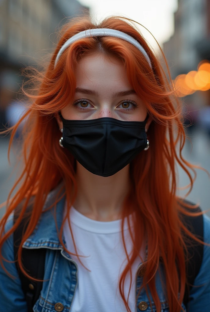 Long messy red hair with white headband. V shaped face and thin nose a mole below the nose, heart shaped lip and cute smile. beautiful brown eyes. Small earrings. She wears Blue jacket and white t shirt. She covered her face with black mouth mask