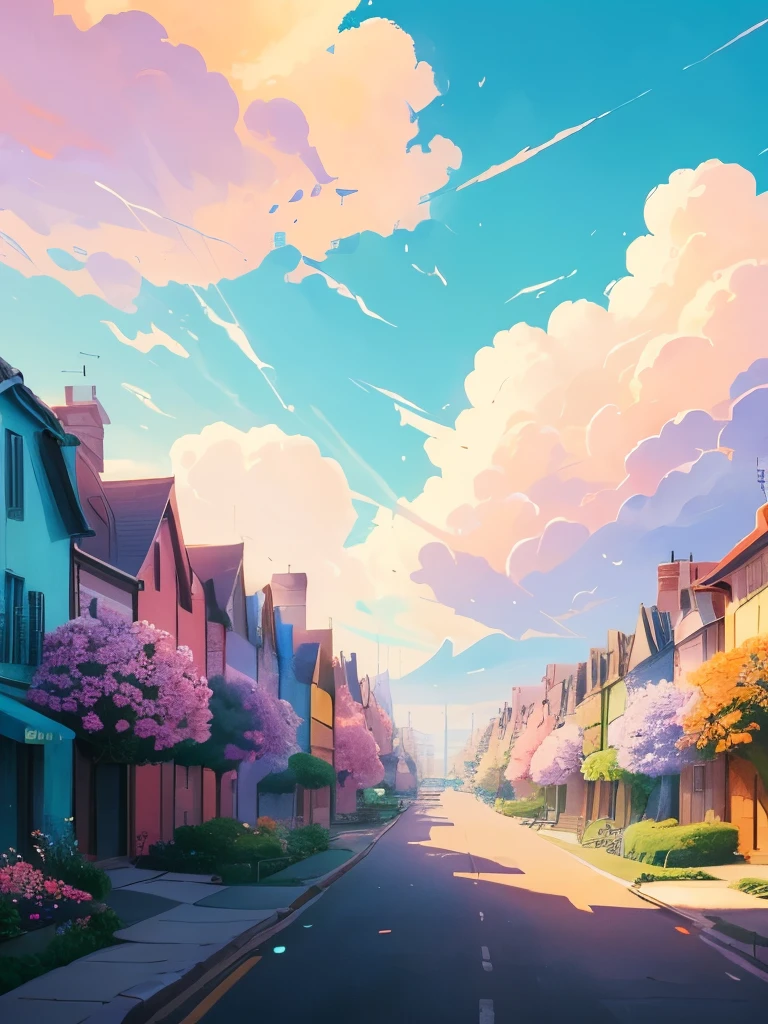 a painting of a street with flowers and houses, by sylvain sarrailh, beautifull puffy clouds. anime, beautiful anime scene, by Kubisi art, beautiful anime scenery, anime scenery, anime vibes, anime background art, anime sky, by Ryan Yee, ross tran. scenic background, by Kamagurka, anime landscape