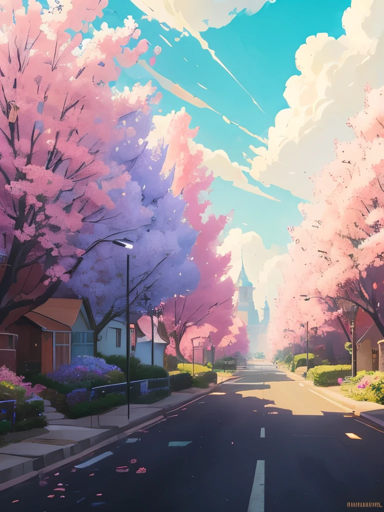 a painting of a street with flowers and houses, by sylvain sarrailh, beautifull puffy clouds. anime, beautiful anime scene, by Kubisi art, beautiful anime scenery, anime scenery, anime vibes, anime background art, anime sky, by Ryan Yee, ross tran. scenic background, by Kamagurka, anime landscape
