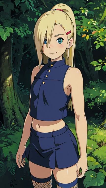 (1girl, solo, highly insanely detailed, masterpiece, top quality, best quality, highres, 4k, 8k, RAW photo),((innocent look)),((Childish)), symmetrical composition,smile,cute,Innocent,Kind eyes,Flat chest,ghibli style,forest, yamanaka_ino, hair ornament, earrings, hairclip, midriff, fishnets