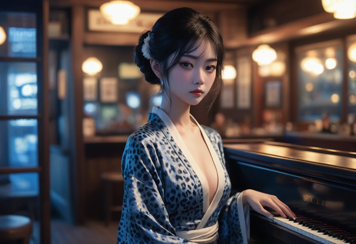 Open Johnson, Grainy, Alabama Bar, Blue, charisma , Leopard Skin Dress, figure, Black Fantasy, Lonely woman, sad ending, Japanese kimono, female pianist, blues, blues music, blues bar, sad feeling, dark, moonlight, America, Southern America, blues bar