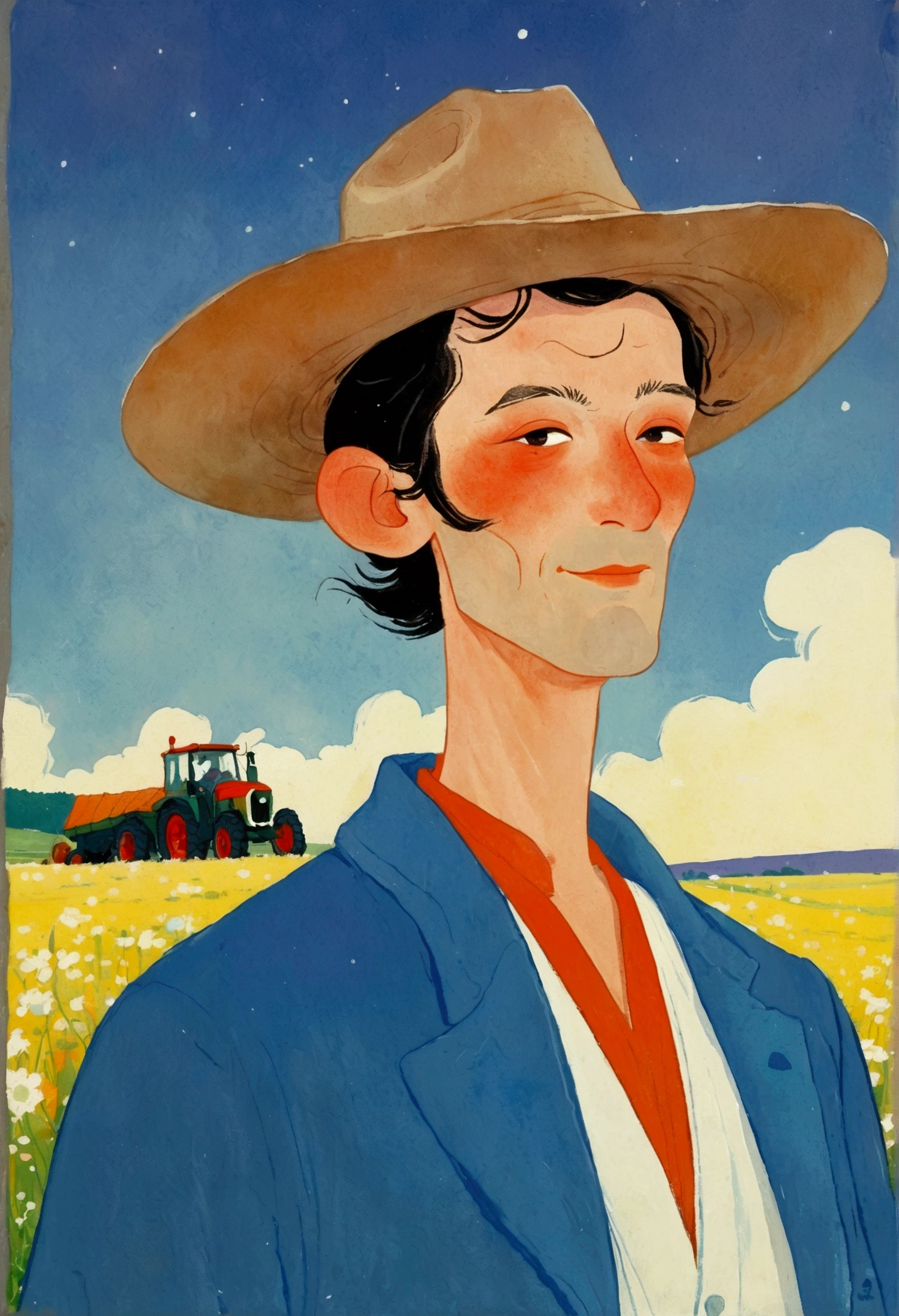 Cartoon of a man wearing standing in a field, Li Renwen&#39;s gouache paintings, flickr, Childish Art, Character with hat, tall Farmers, Farmers, jean giraud portrait, jean giraud 8 k, The style of Jean Giraud Moebius, Full color illustrations, 2d gouache illustration, Tin Tin, , Cartoon and simple