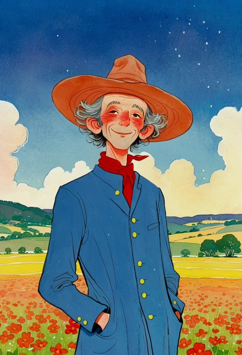 Cartoon of a man wearing standing in a field, Li Renwen&#39;s gouache paintings, flickr, Childish Art, Character with hat, tall Farmers, Farmers, jean giraud portrait, jean giraud 8 k, The style of Jean Giraud Moebius, Full color illustrations, 2d gouache illustration, Tin Tin, , Cartoon and simple