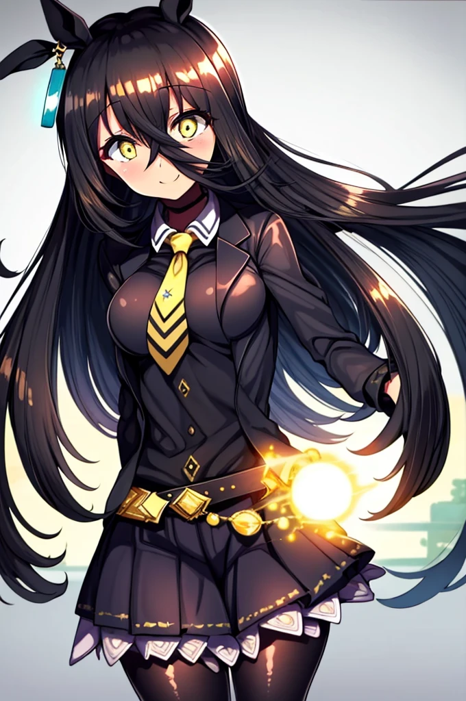 masterpiece, Highest quality:1.2), Manhattan Cafe(umamusume), One Woman, alone,Glowing Skin、Yellow Eyes、Eyes without highlights、Thick legs、Are standing、Cowboy Shot、smile、Shiny black skirt, Shiny black business shirt、Shiny yellow tie, Glossy black jacket,pantyhose、