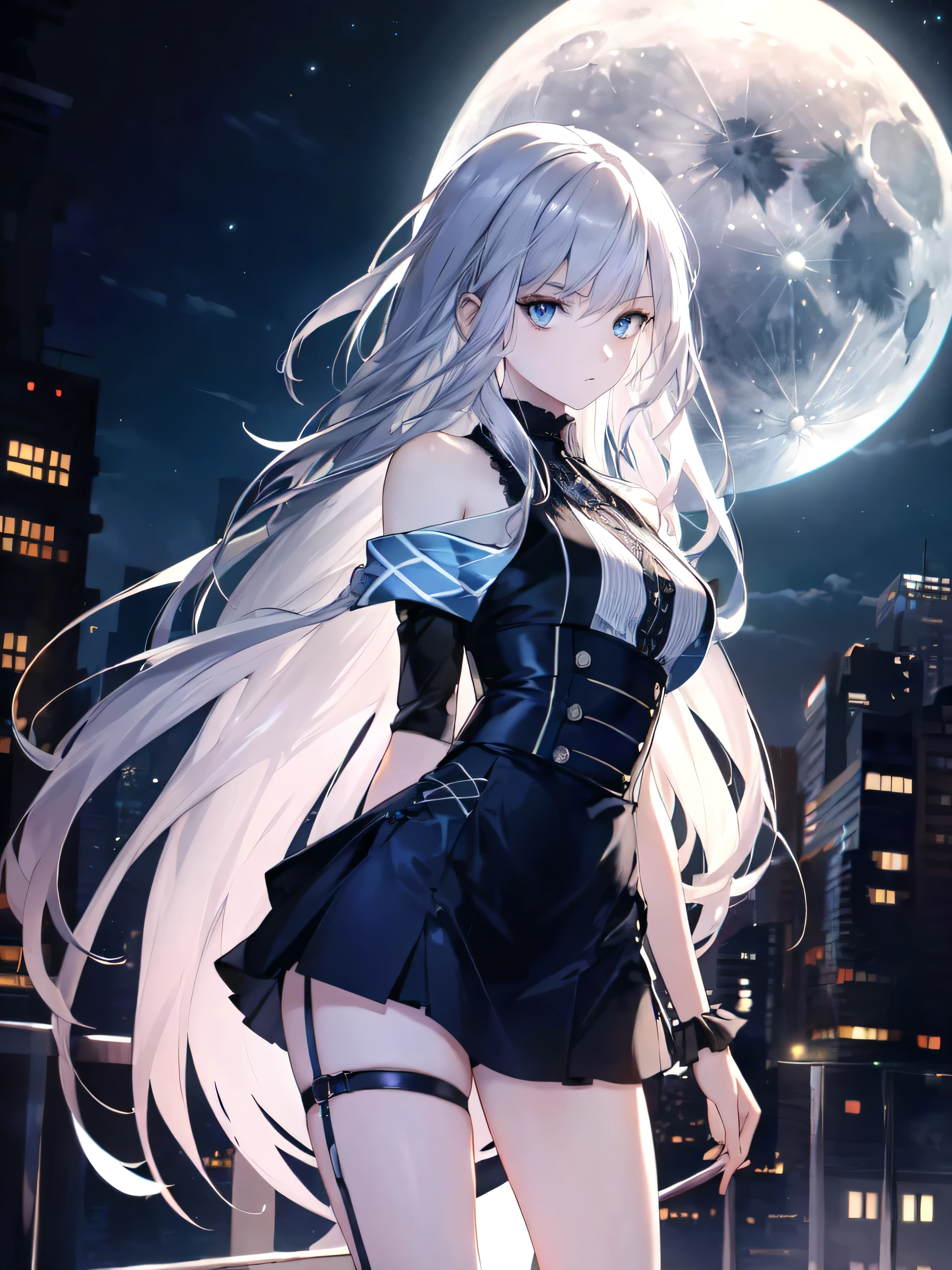 ((masterpiece)), ((best quality)), ((best illustration)), ((ultra-detailed)),((photorealistic color)), 1 lady, solo, teenager, absurdly long hair, silver hair, straight hair, ((blue eyes)), ((ultra detailed eyes)), ((ultra detailed face)), gloomy face, lonely, looking at viewer, business suit, off shoulder, sleeveless, ((miniskirt)), bare legs, thin body, thin arms, long arms, standing, cowboy shot, side view, urban, night, moonlight, backlight