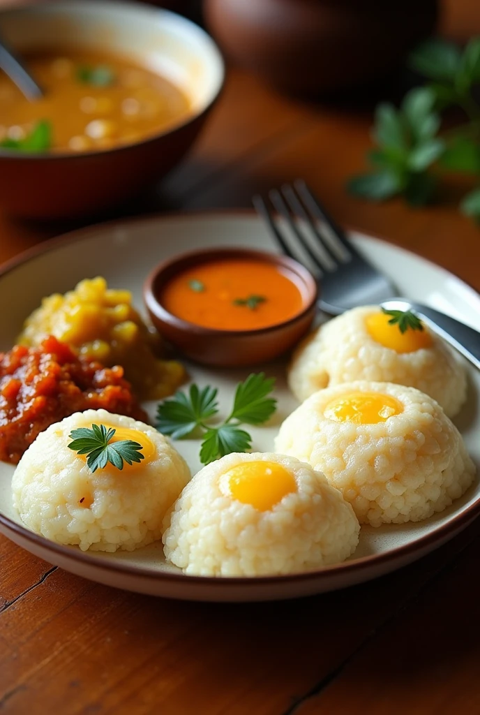 (photorealism:1.2),  INDIAN STYLE IDLI SAMBER IN CUTLERY WITH SIMPLE BACKGROUND PHOTO SHOULD BE REALISTIC 