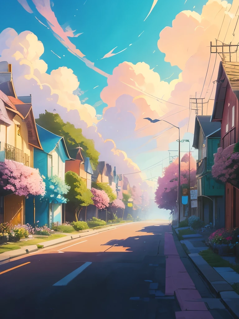 a painting of a street with flowers and houses, by sylvain sarrailh, beautifull puffy clouds. anime, beautiful anime scene, by Kubisi art, beautiful anime scenery, anime scenery, anime vibes, anime background art, anime sky, by Ryan Yee, ross tran. scenic background, by Kamagurka, anime landscape