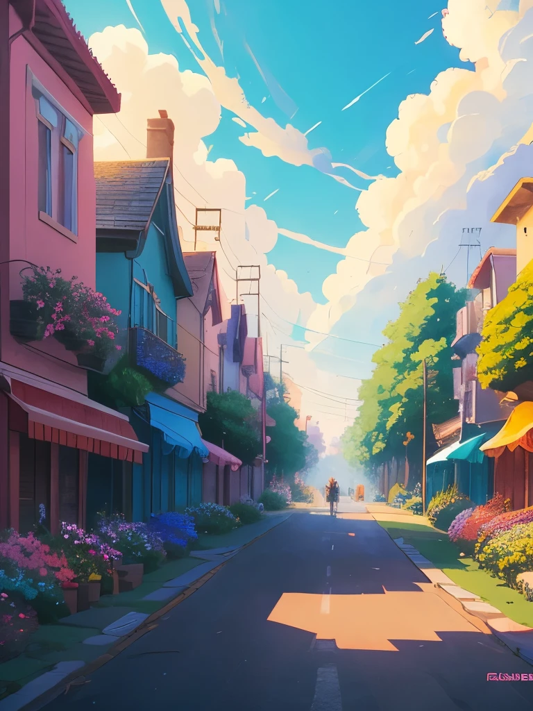 a painting of a street with flowers and houses, by sylvain sarrailh, beautifull puffy clouds. anime, beautiful anime scene, by Kubisi art, beautiful anime scenery, anime scenery, anime vibes, anime background art, anime sky, by Ryan Yee, ross tran. scenic background, by Kamagurka, anime landscape