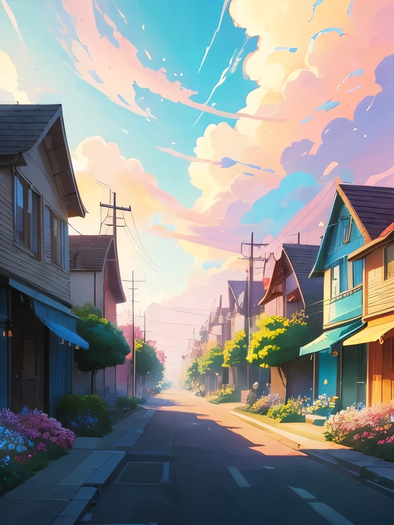 a painting of a street with flowers and houses, by sylvain sarrailh, beautifull puffy clouds. anime, beautiful anime scene, by Kubisi art, beautiful anime scenery, anime scenery, anime vibes, anime background art, anime sky, by Ryan Yee, ross tran. scenic background, by Kamagurka, anime landscape